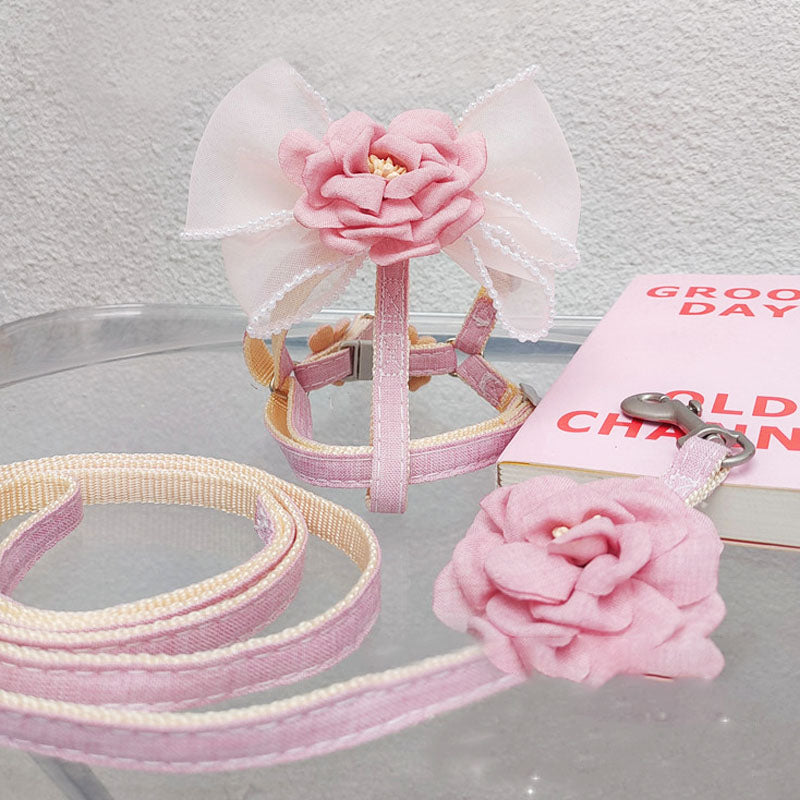 Adjustable Pink Camellia Cat Harness – Soft Lace and Cotton Pet Vest for Small Cats