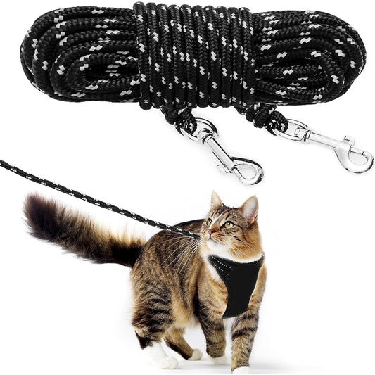 Reflective Long Cat Leash for Outdoor Walking & Training, 15 ft / 30 ft Escape-Resistant Nylon Yard Lead for Cats, Kittens, Small Dogs, Puppies, and Rabbits